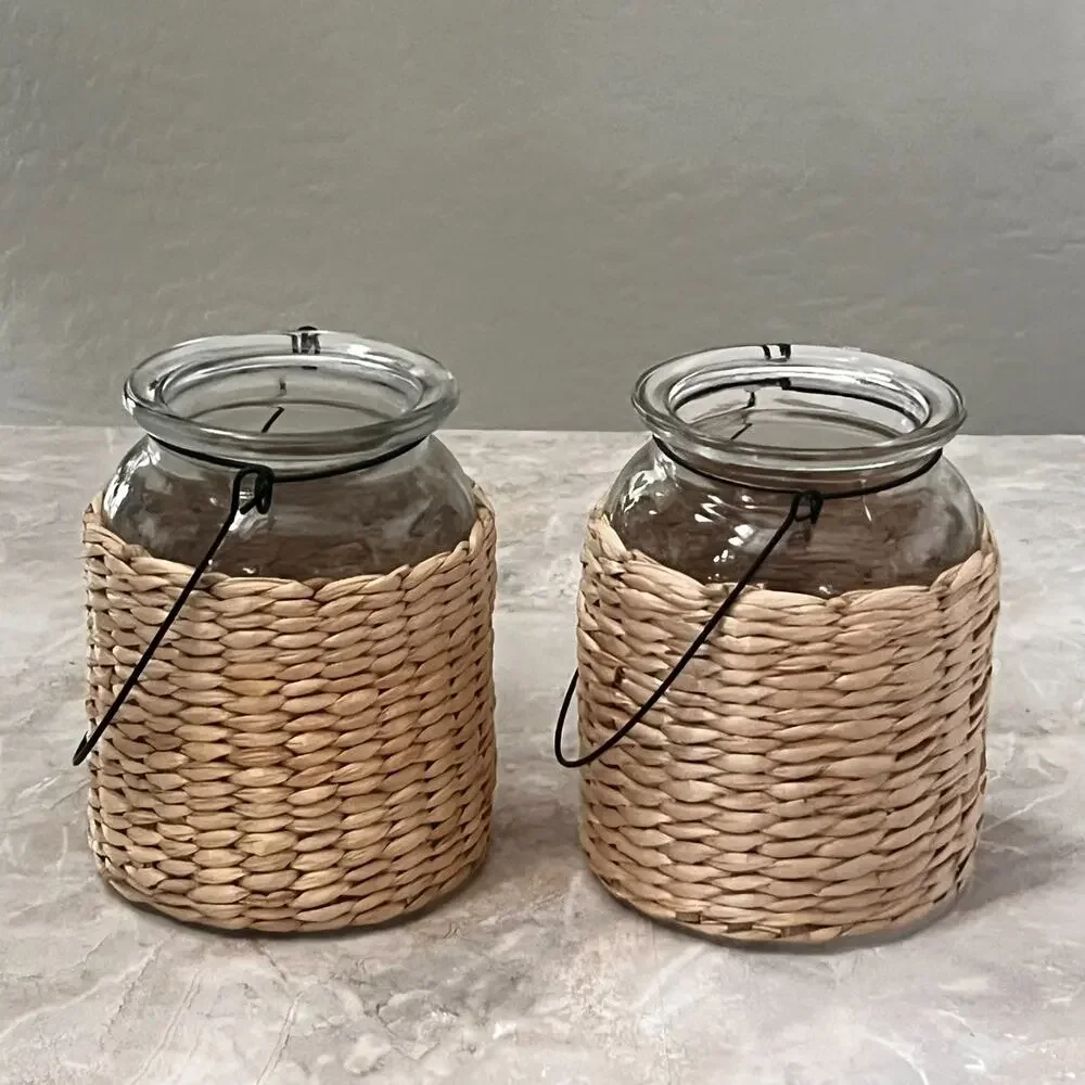 Wicker Glass Jar With Black Metal Handle Multi-Purpose Candle Plant Boho